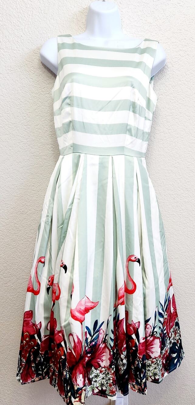 Collectif Green Pink Vanessa Stripe Flamingo Swing Dress XS NWT Colorful Flowy